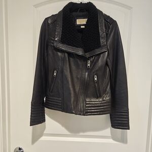 Michael Kors Black Faux Leather Moto Jacket with Knit Collar #891
